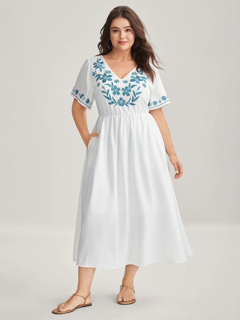 Floral Embroidery Pockets Midi Dress