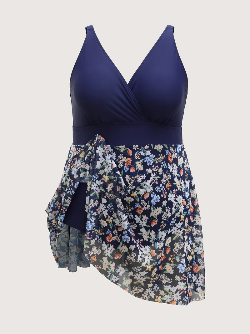 Floral Print Sheer Color Contrast Swim Dress