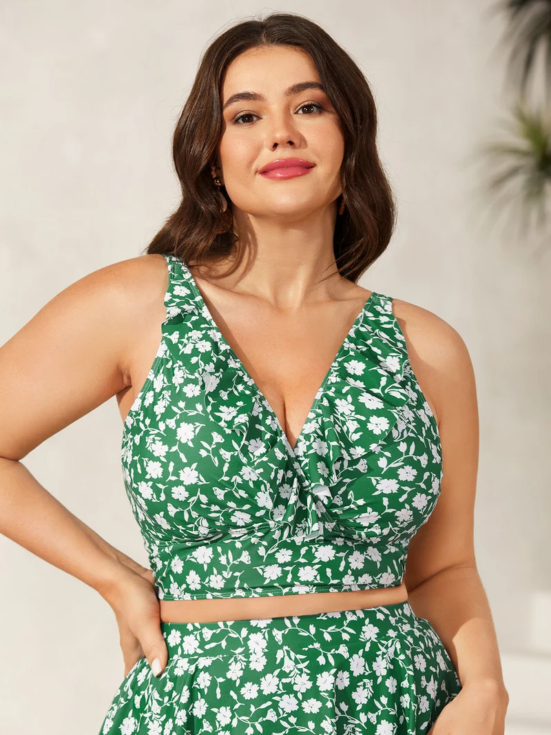 Ruffled Ditsy Floral Print Swim Top