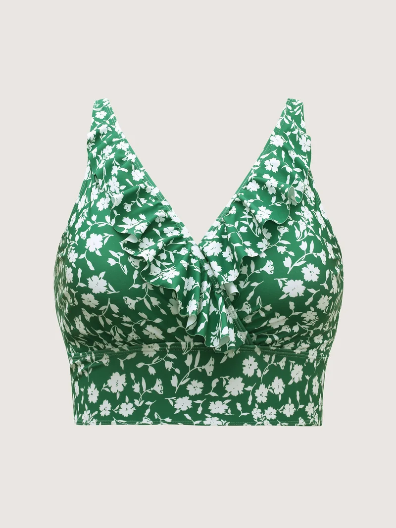 Ruffled Ditsy Floral Print Swim Top