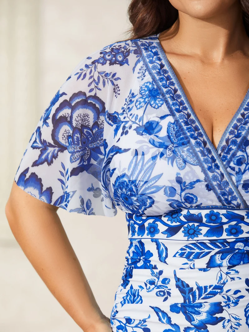 Ruched Sheer Floral One-Piece Swimsuit