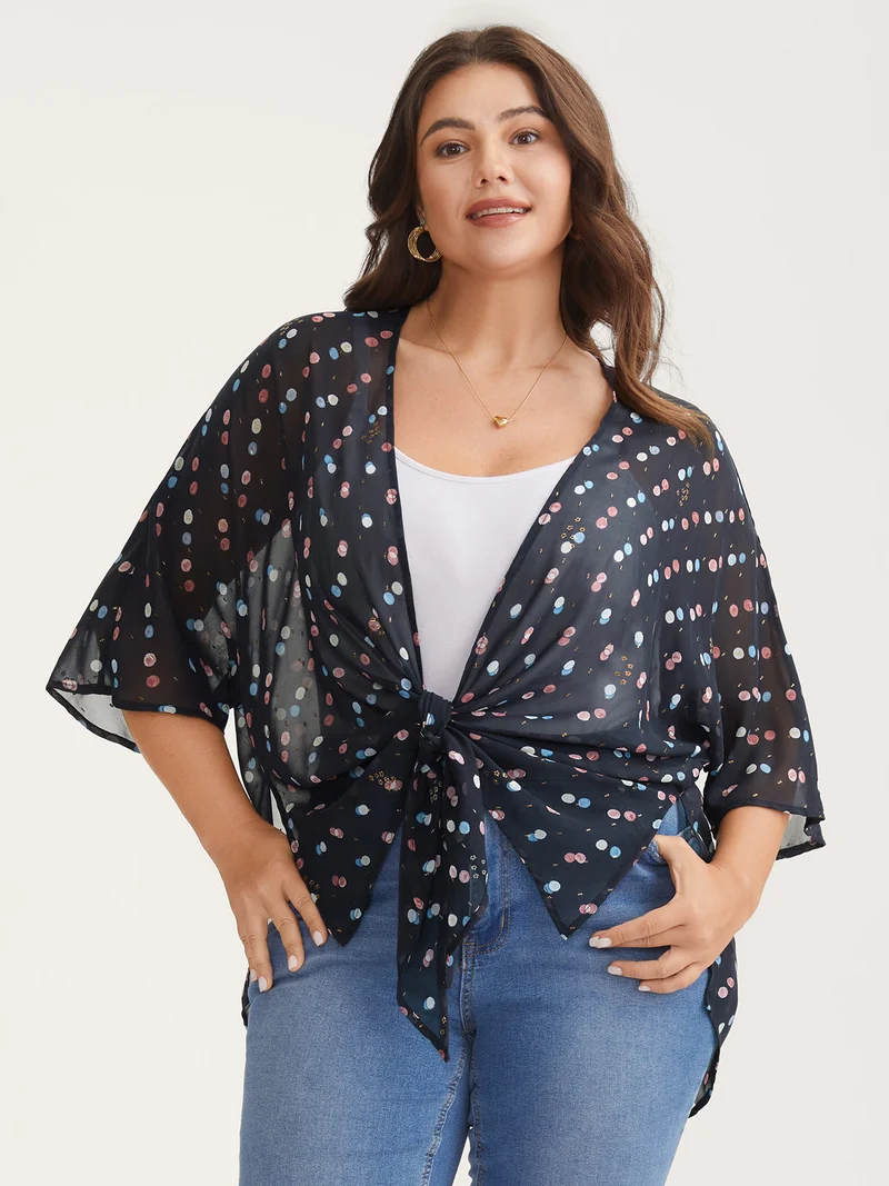 Chiffon Sheer Polka Dots Wrap Kimono