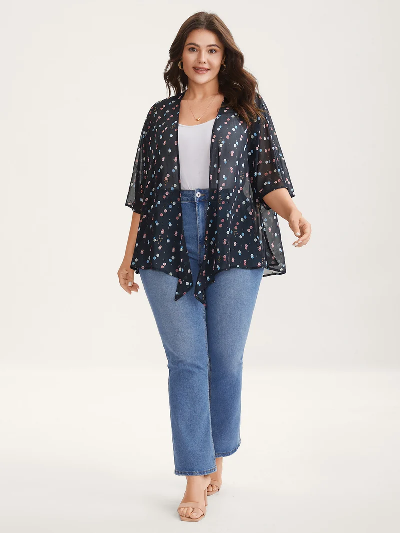Chiffon Sheer Polka Dots Wrap Kimono