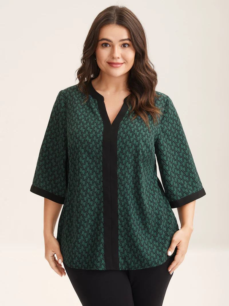 Geometric Print Color Contrast Blouse