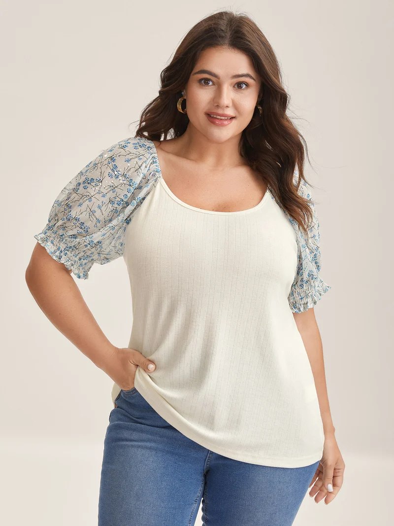 Floral Puff Sleeve Textured T-Shirt