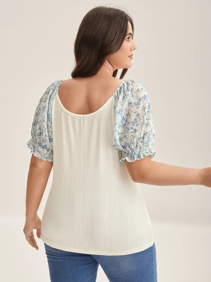 Floral Puff Sleeve Textured T-Shirt