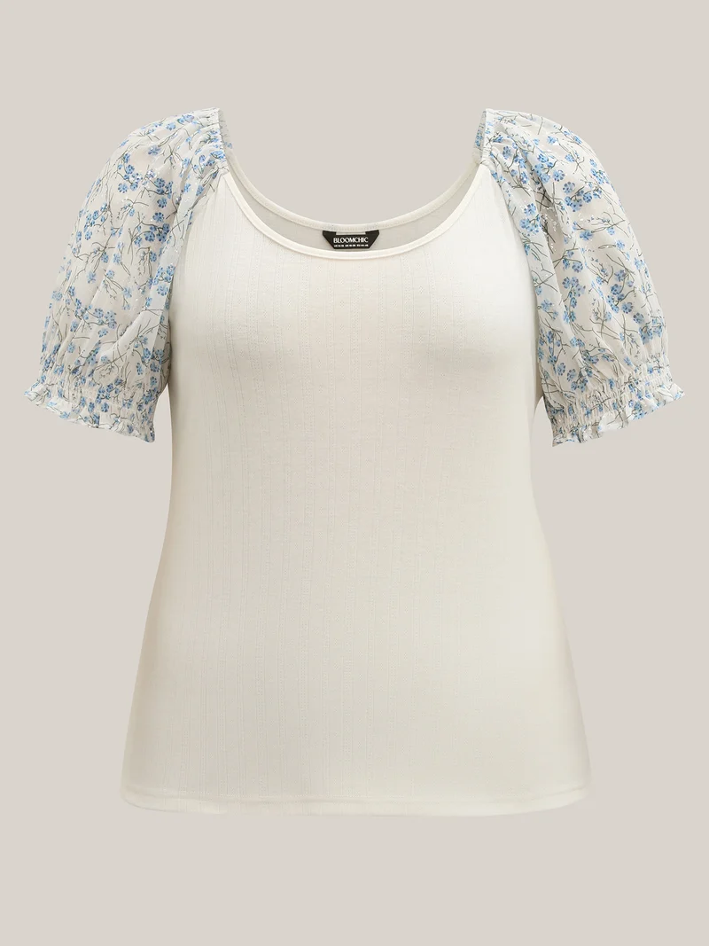 Floral Puff Sleeve Textured T-Shirt