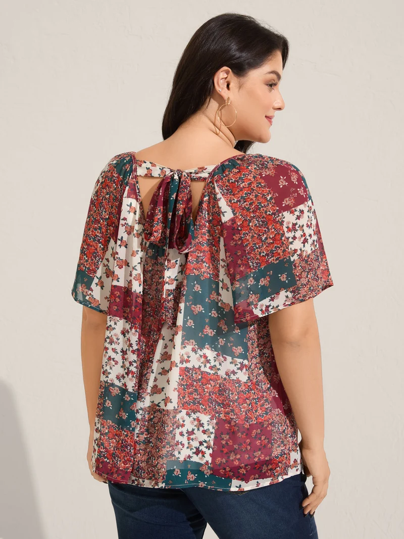 Boho Collage Print Backless Tie Blouse