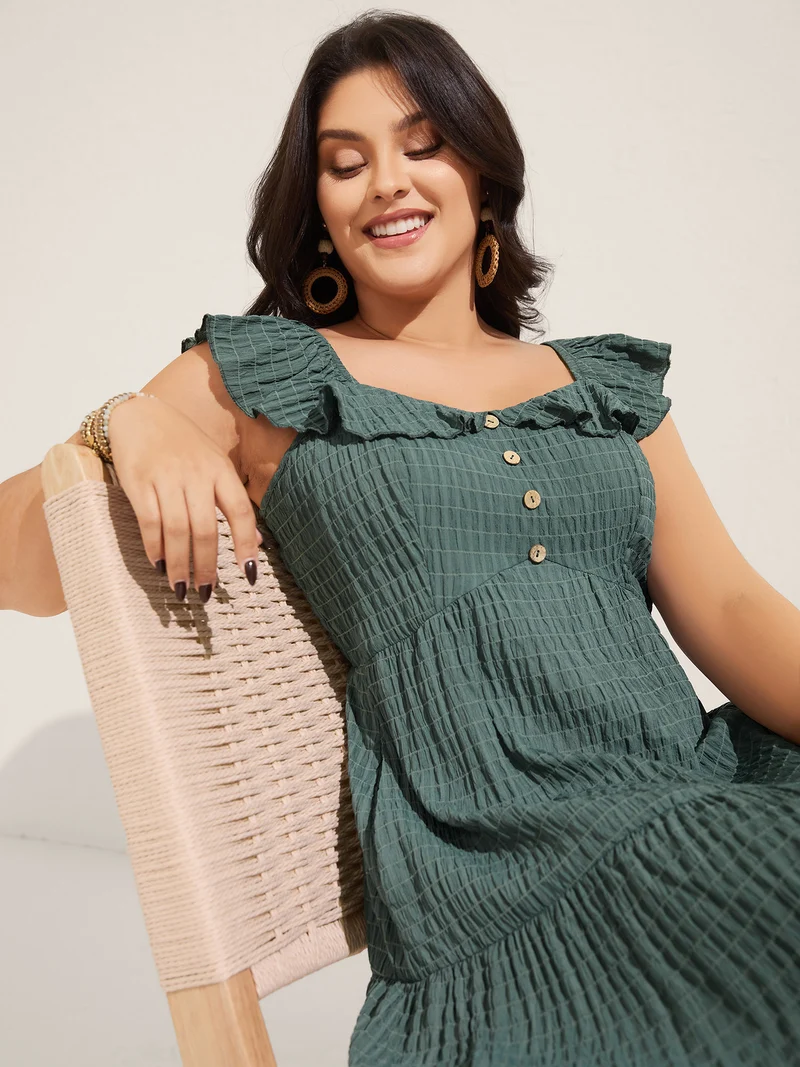 Textured Ruffled Neck Pockets Midi Dress