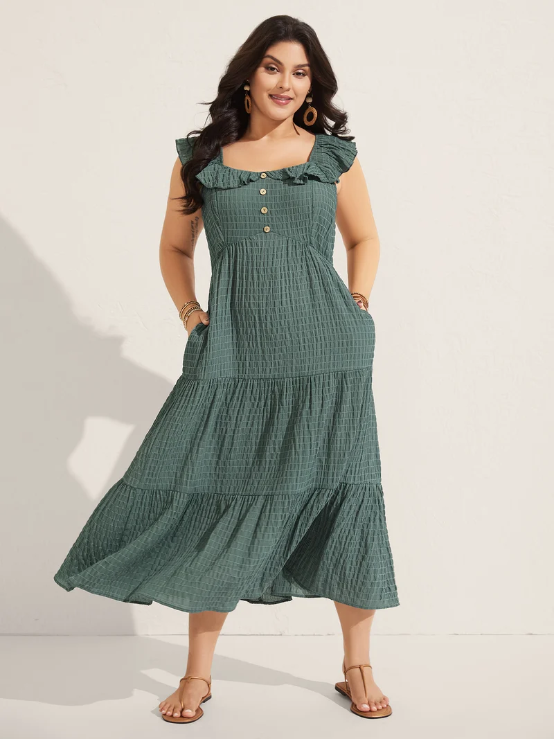 Textured Ruffled Neck Pockets Midi Dress