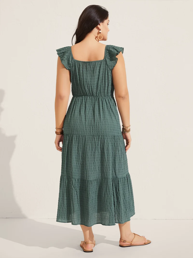 Textured Ruffled Neck Pockets Midi Dress