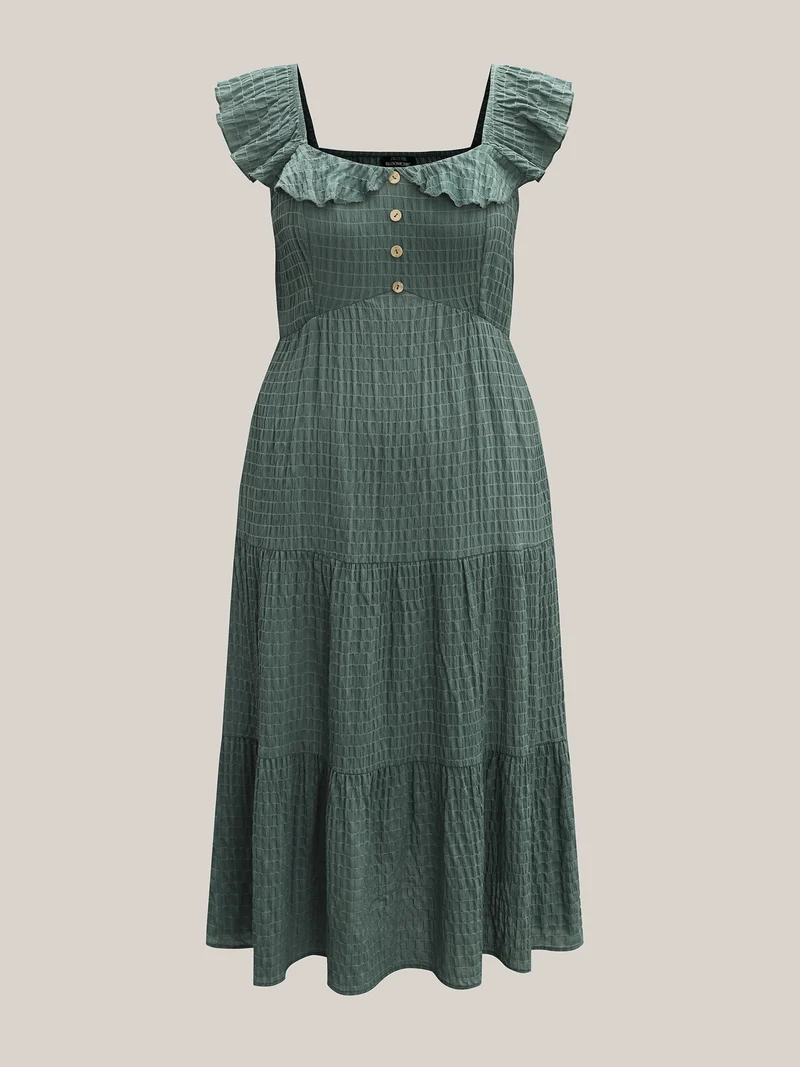 Textured Ruffled Neck Pockets Midi Dress