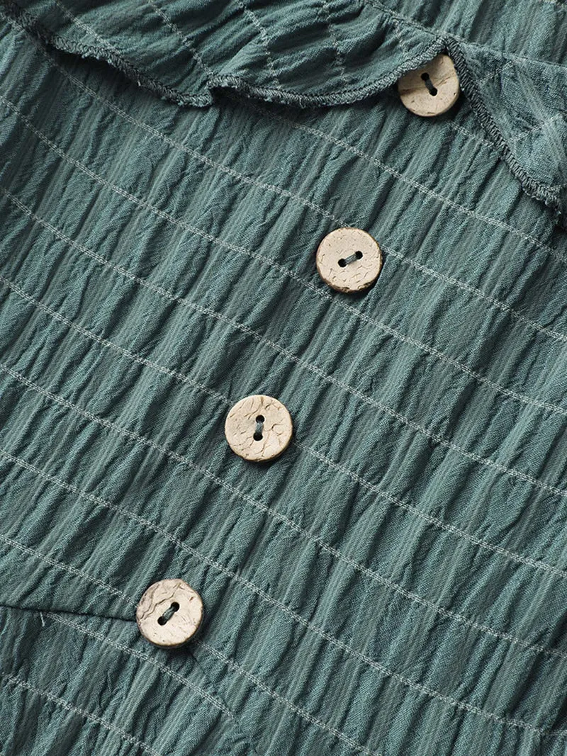 Textured Ruffled Neck Pockets Midi Dress