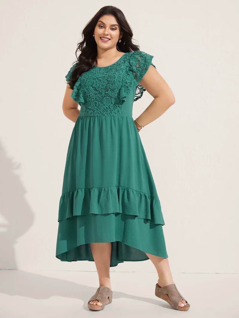 Lace Pleated Ruffled Sleeve Midi Dress