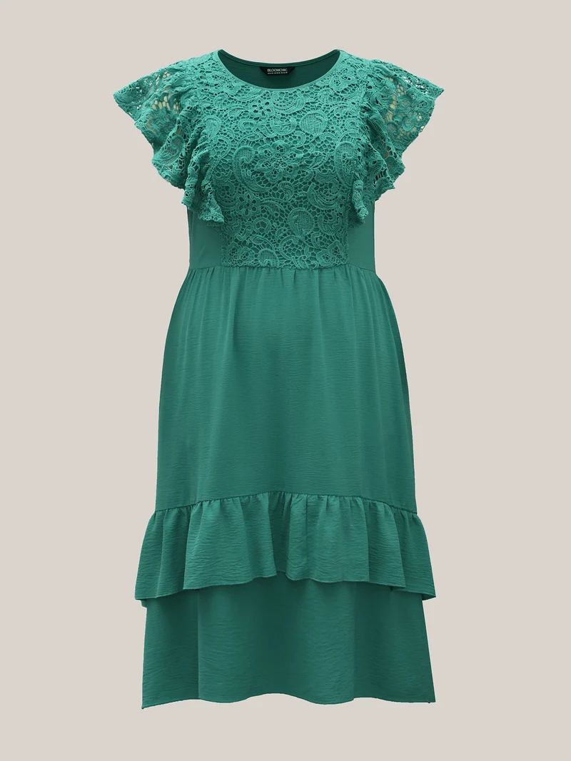 Lace Pleated Ruffled Sleeve Midi Dress