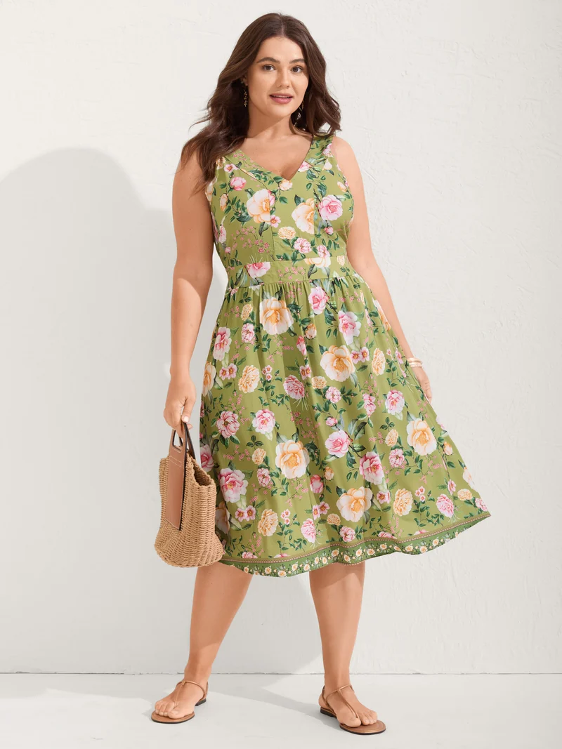 Rayon Floral Shirred Pockets Midi Dress