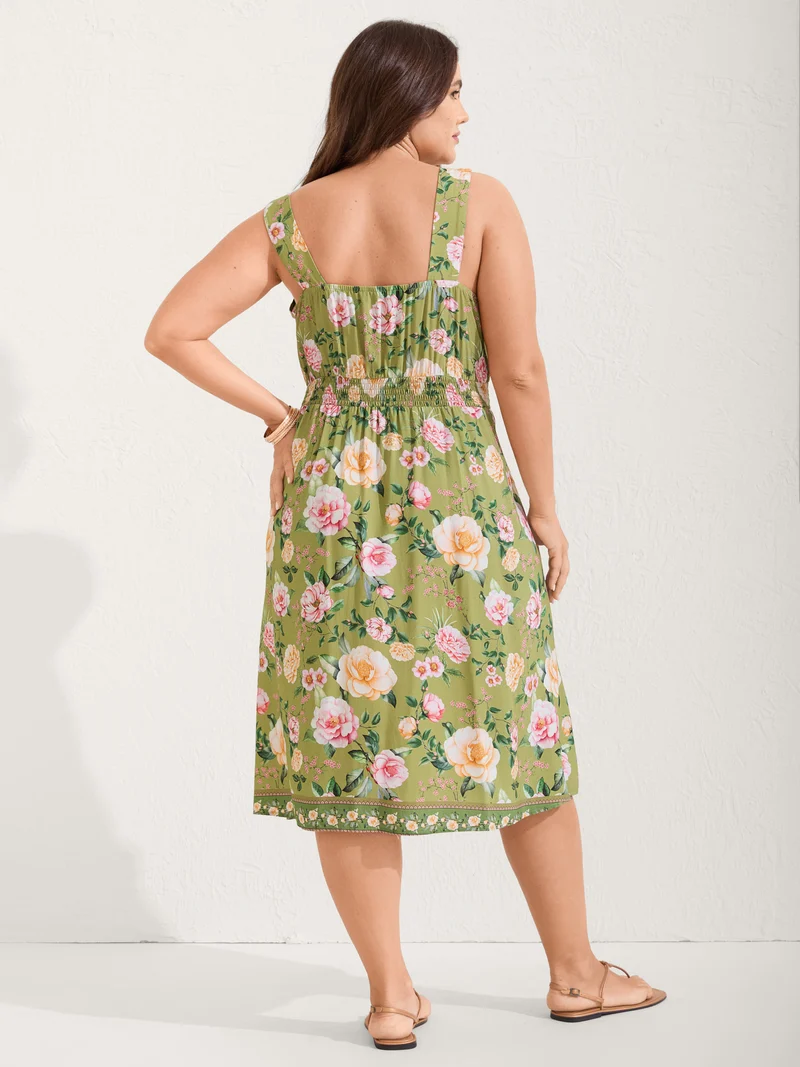 Rayon Floral Shirred Pockets Midi Dress