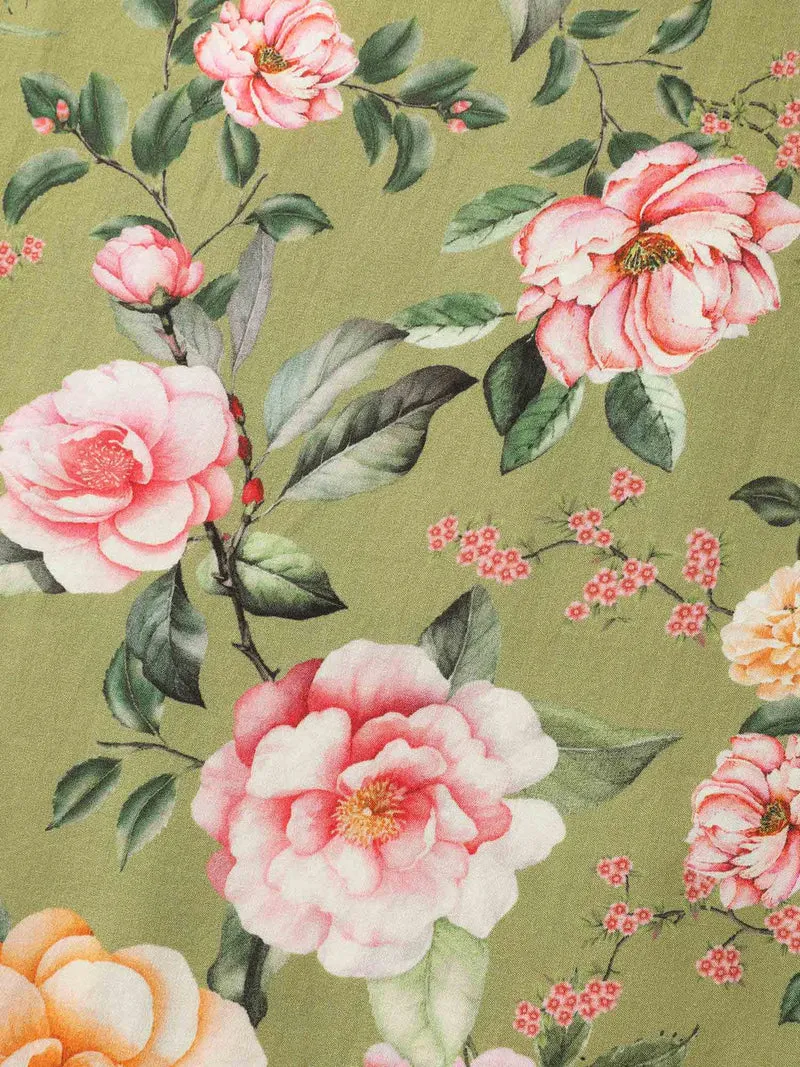 Rayon Floral Shirred Pockets Midi Dress