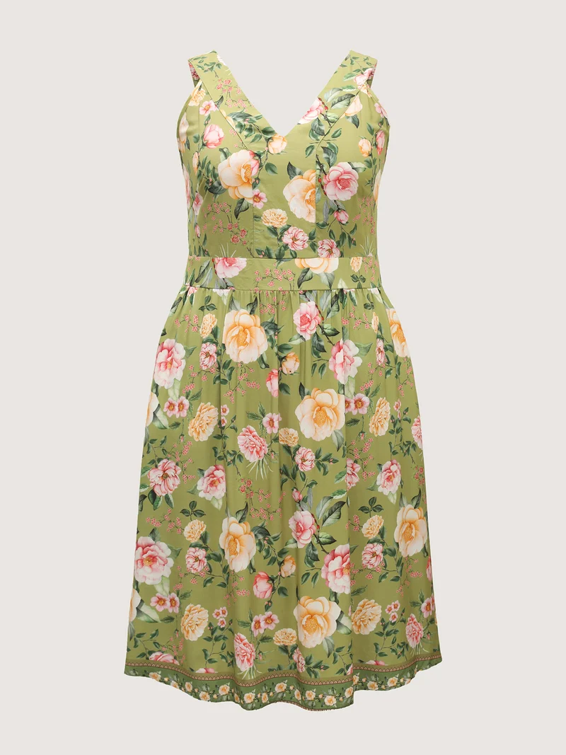 Rayon Floral Shirred Pockets Midi Dress