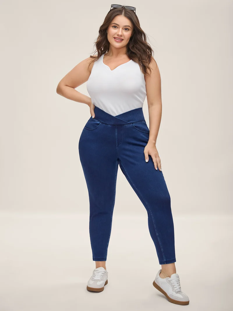 Overlap Hem Yoga Stretch Skinny Knit Jeans