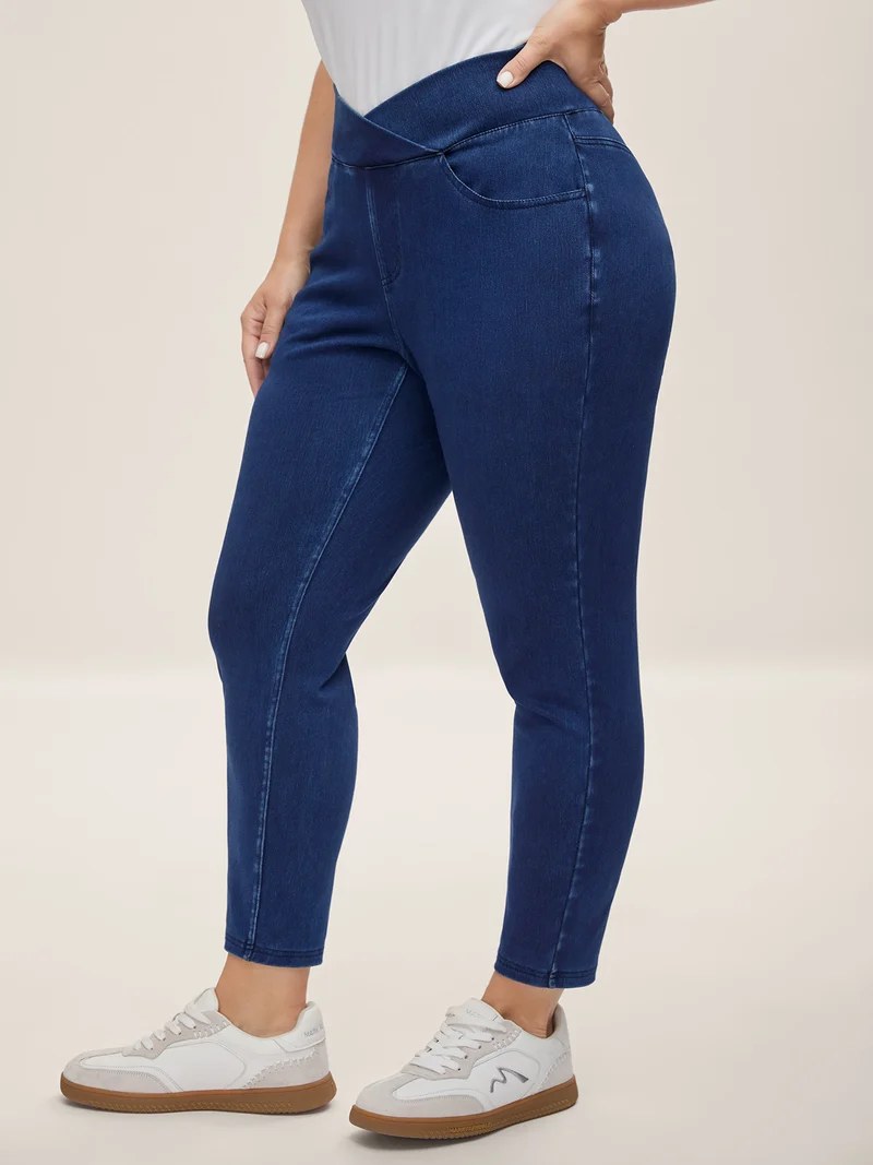 Overlap Hem Yoga Stretch Skinny Knit Jeans