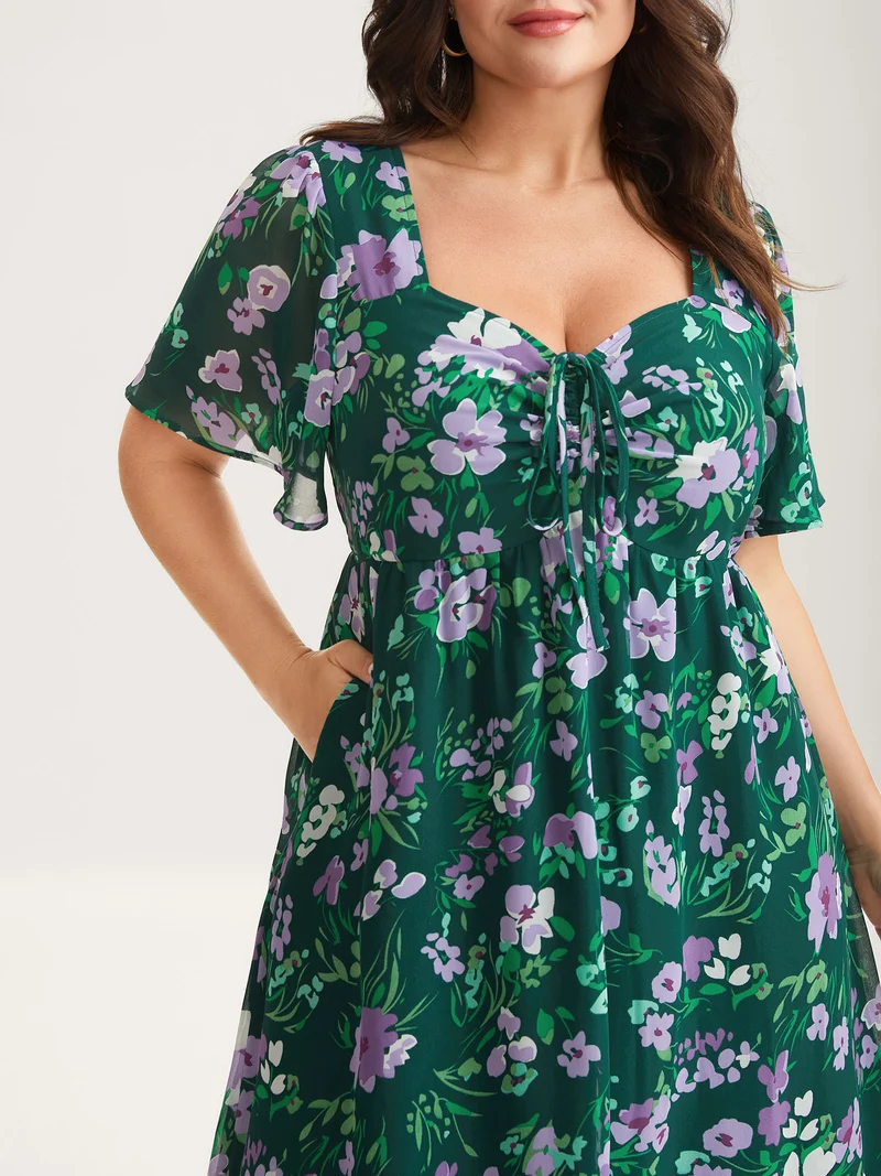 Floral Chiffon Ruched Drawstring Midi Dress