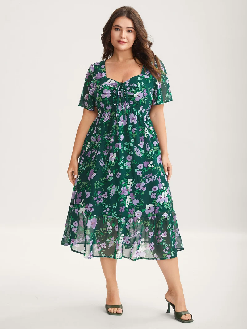 Floral Chiffon Ruched Drawstring Midi Dress