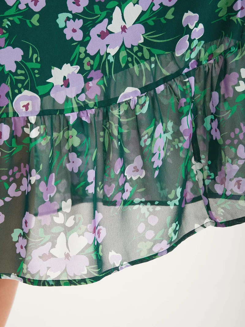 Floral Chiffon Ruched Drawstring Midi Dress