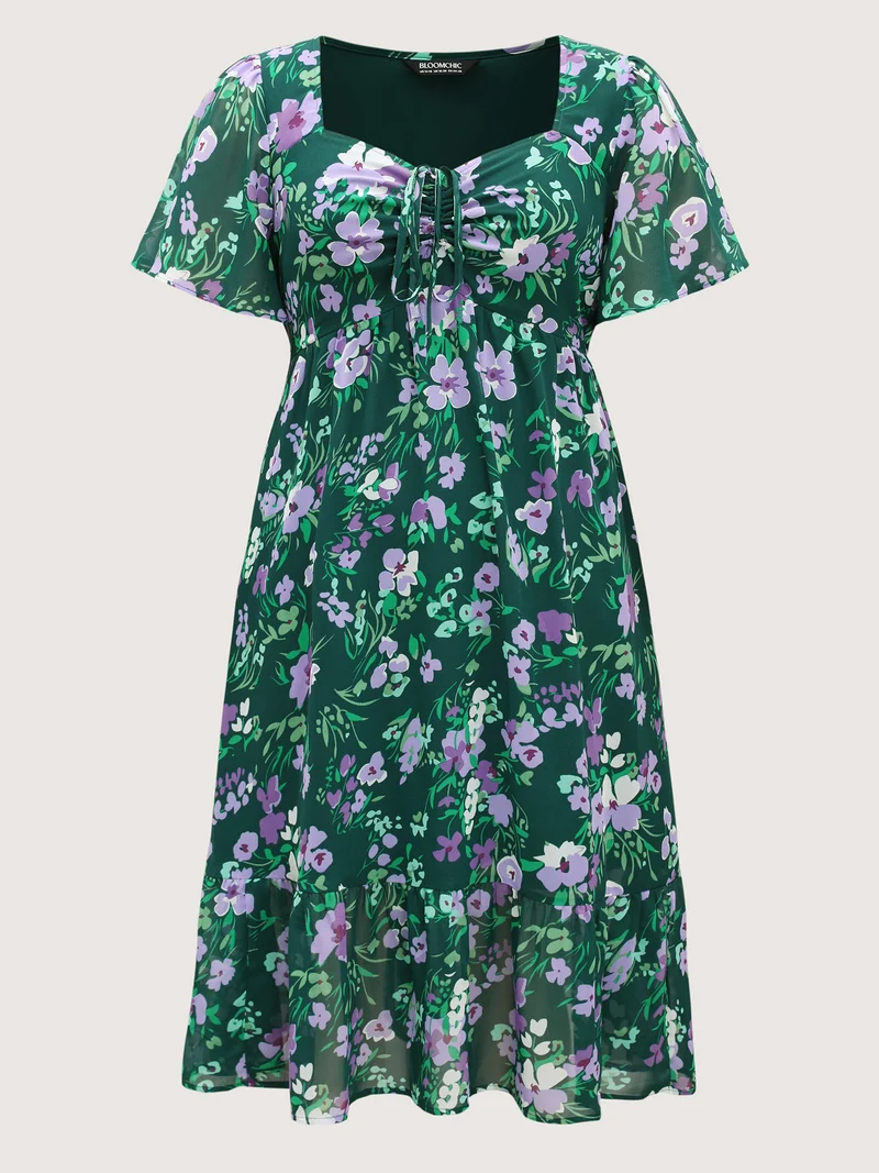 Floral Chiffon Ruched Drawstring Midi Dress