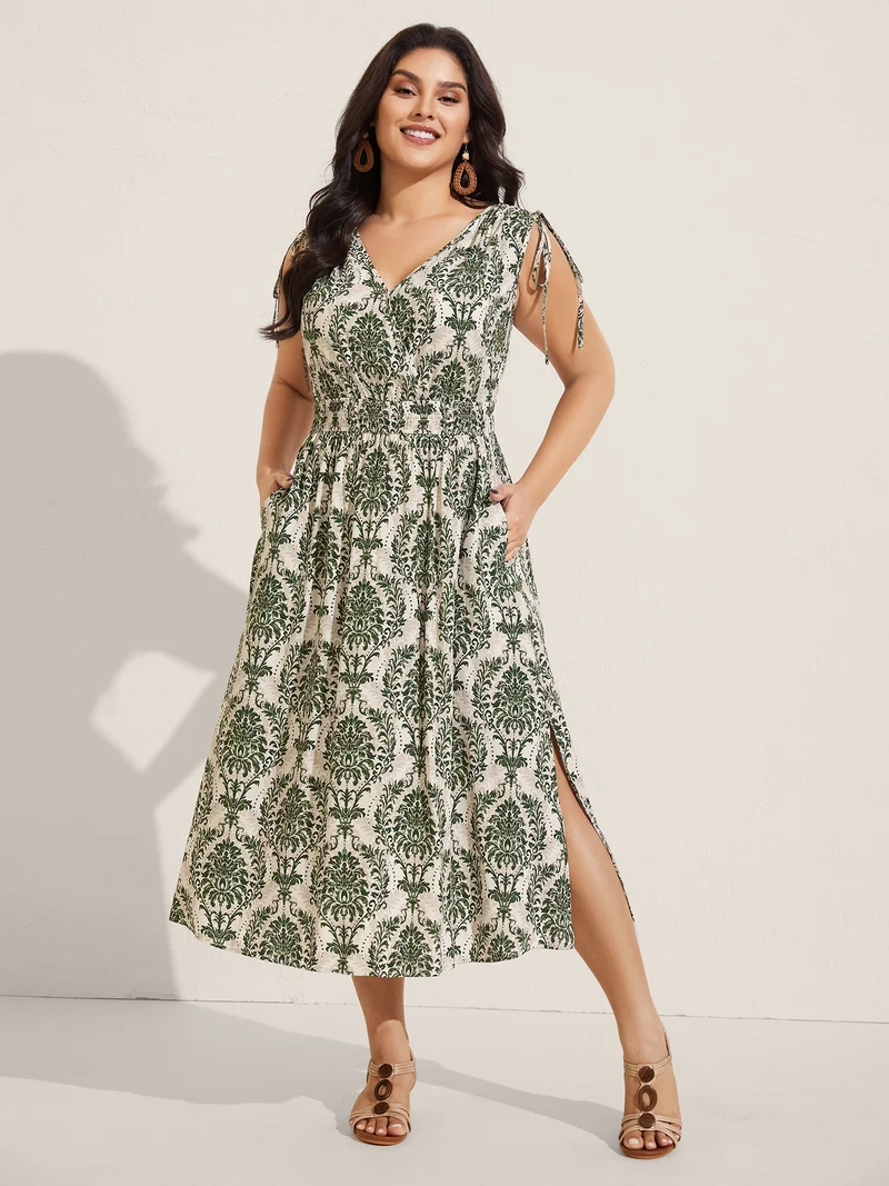 Damask Print Surplice Sleeveless Midi Dress