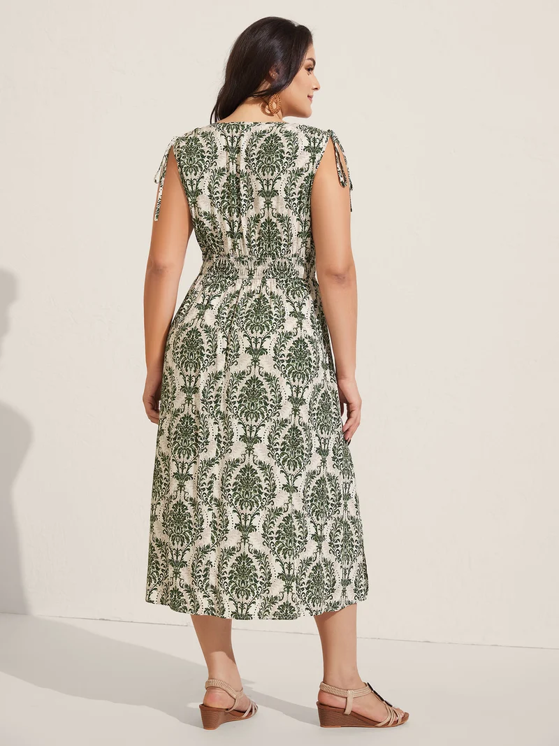 Damask Print Surplice Sleeveless Midi Dress