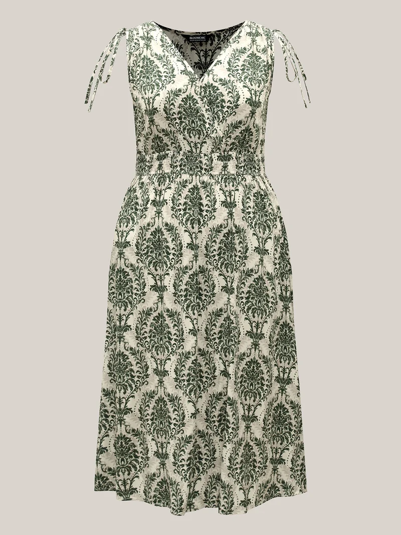 Damask Print Surplice Sleeveless Midi Dress