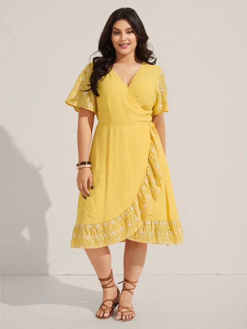 Rayon Textured Color Contrast Overlap Midi Dress