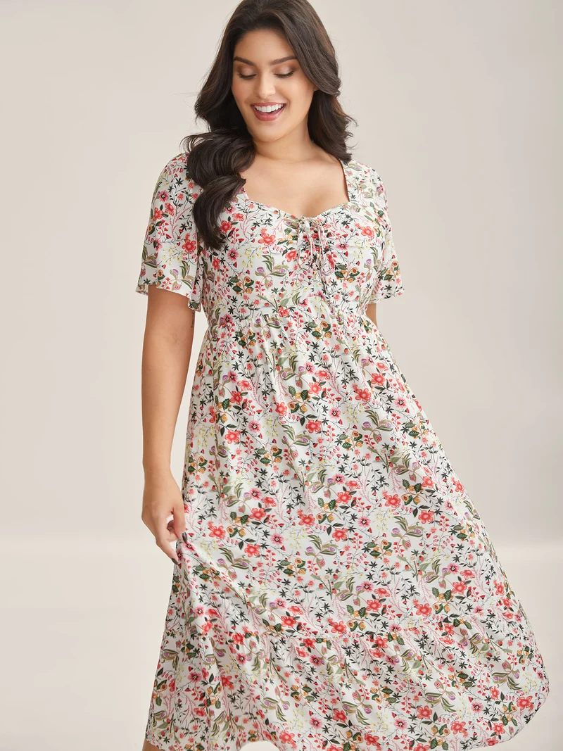 Rayon Fruity Print Drawstring Midi Dress