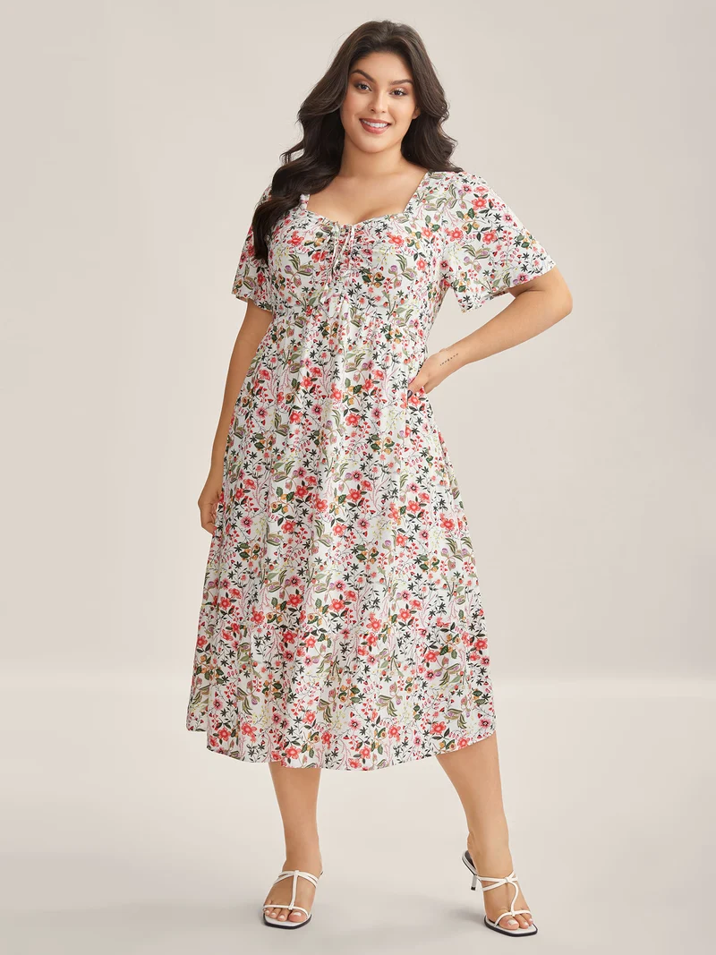 Rayon Fruity Print Drawstring Midi Dress