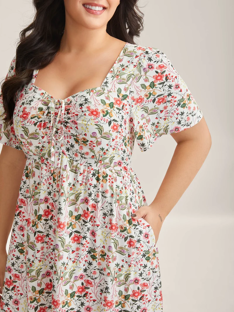 Rayon Fruity Print Drawstring Midi Dress