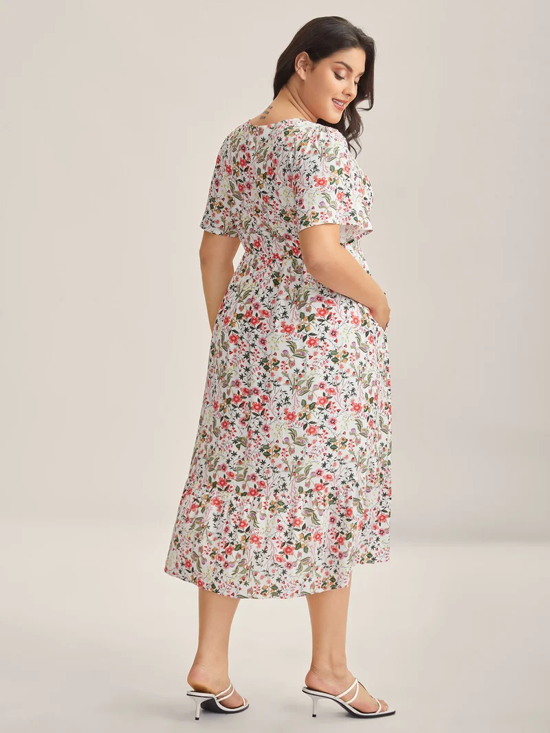 Rayon Fruity Print Drawstring Midi Dress