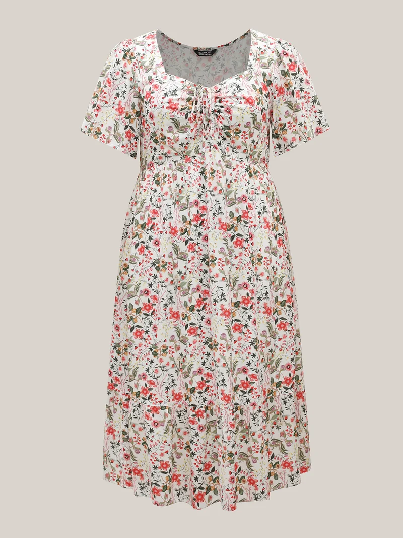 Rayon Fruity Print Drawstring Midi Dress