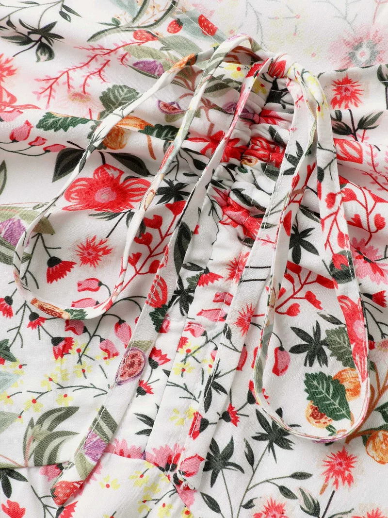 Rayon Fruity Print Drawstring Midi Dress