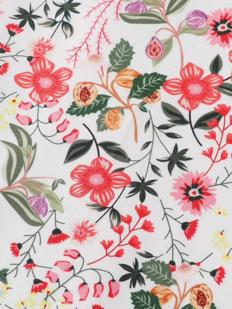 Rayon Fruity Print Drawstring Midi Dress