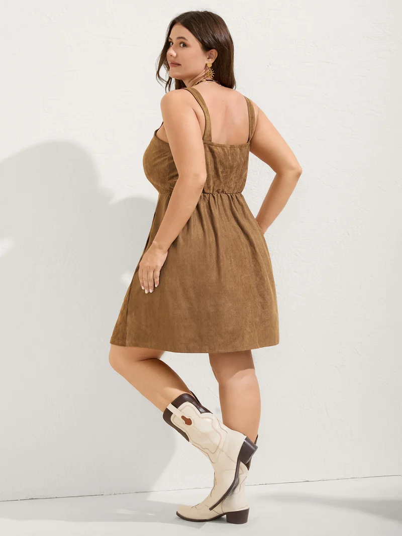 Suede Button Placket Sweetheart Midi Dress