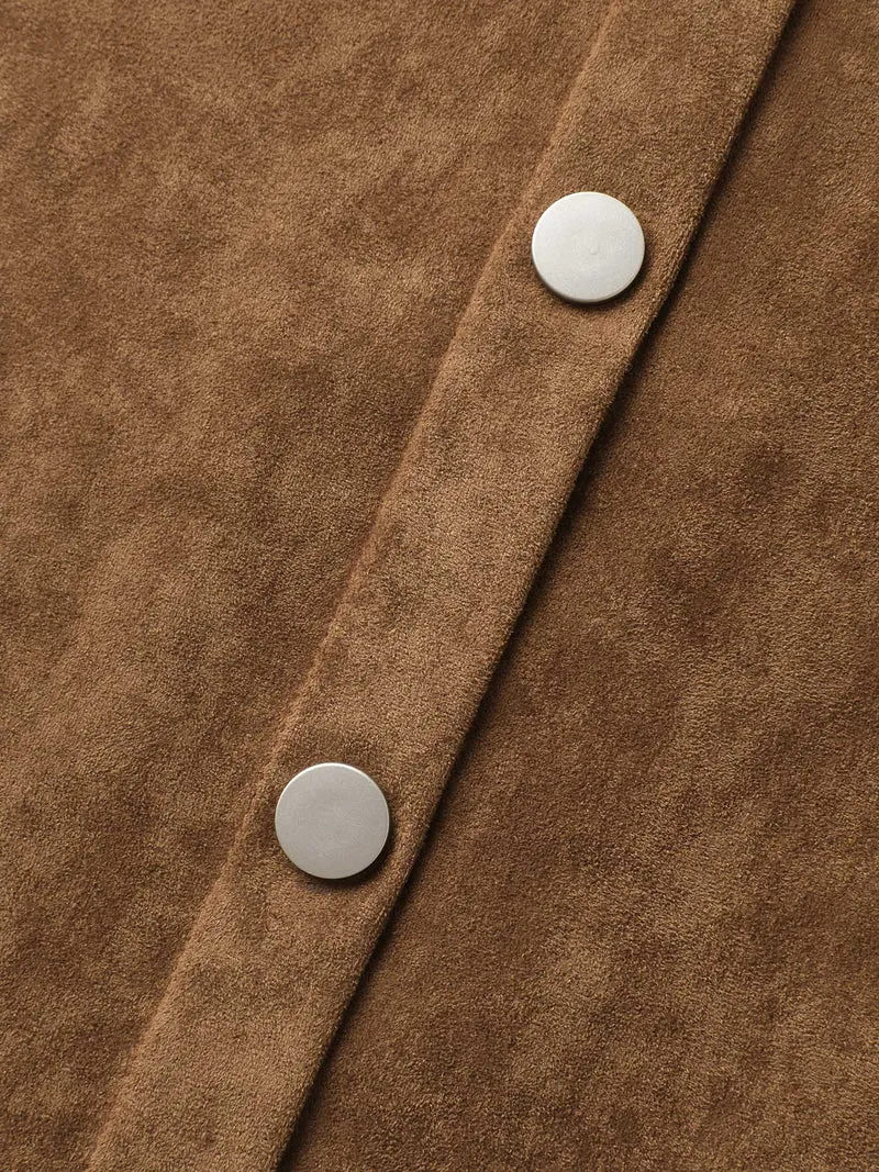 Suede Button Placket Sweetheart Midi Dress