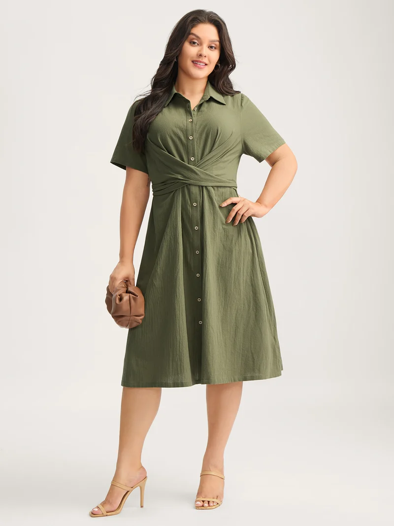 Cotton Back-Tie Overlap Shirt Dress