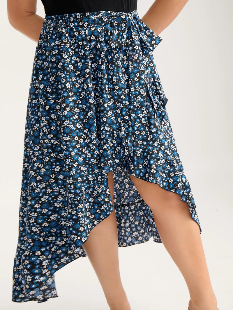 Floral Asymmetrical Hem Bow-Tie Midi Dress