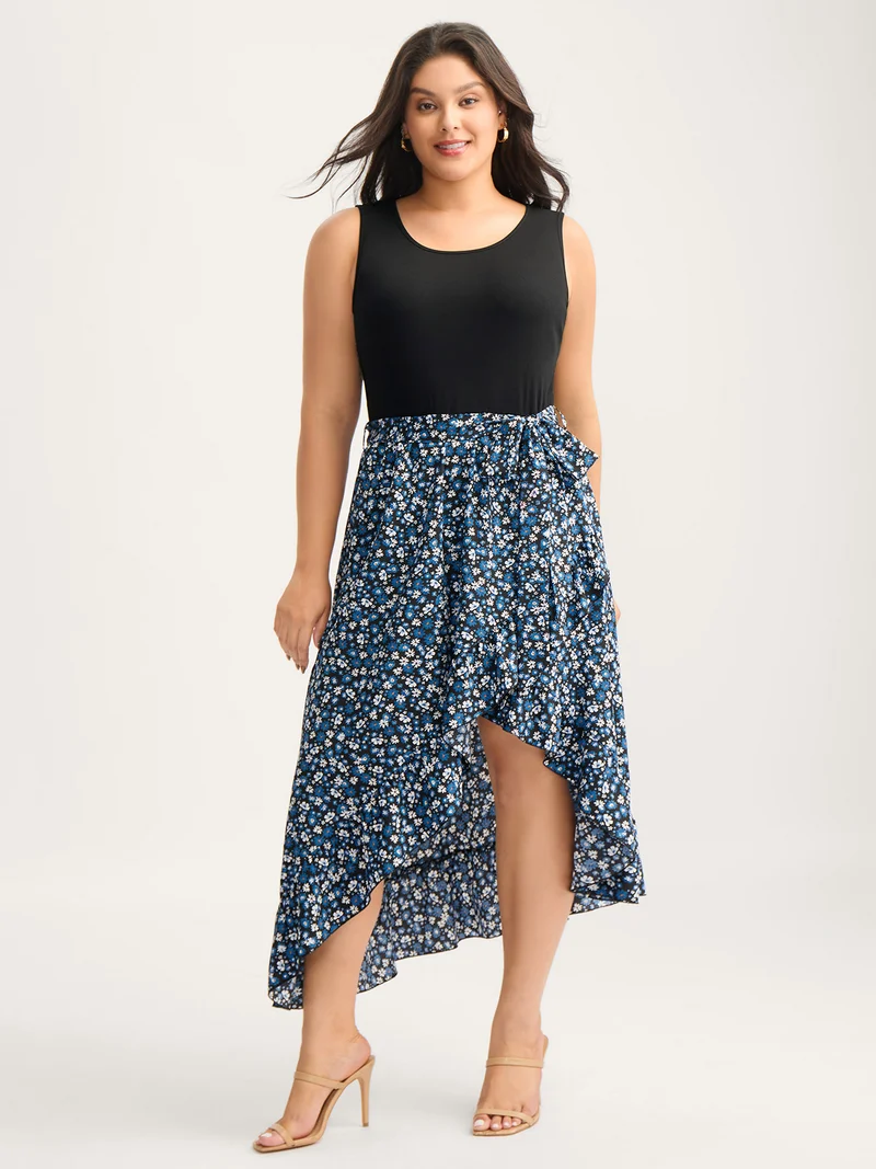 Floral Asymmetrical Hem Bow-Tie Midi Dress