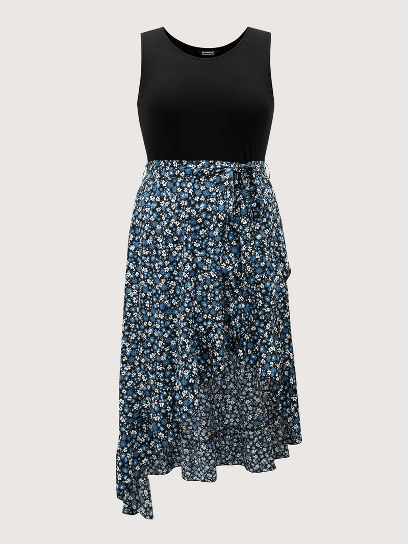 Floral Asymmetrical Hem Bow-Tie Midi Dress