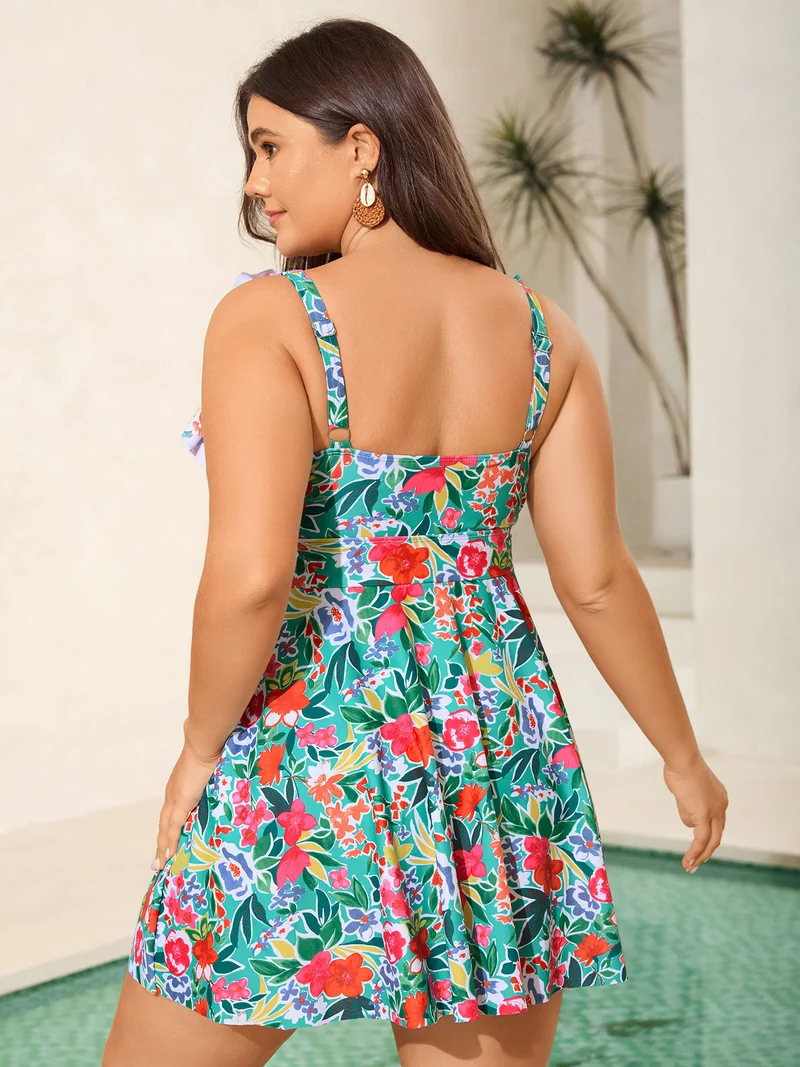 Anti-Float Tie Ruffled Floral Swim Dress