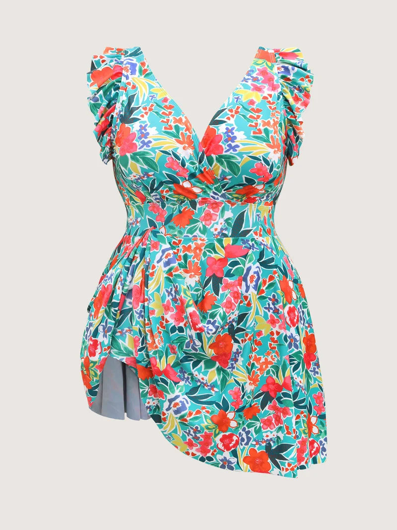 Anti-Float Tie Ruffled Floral Swim Dress
