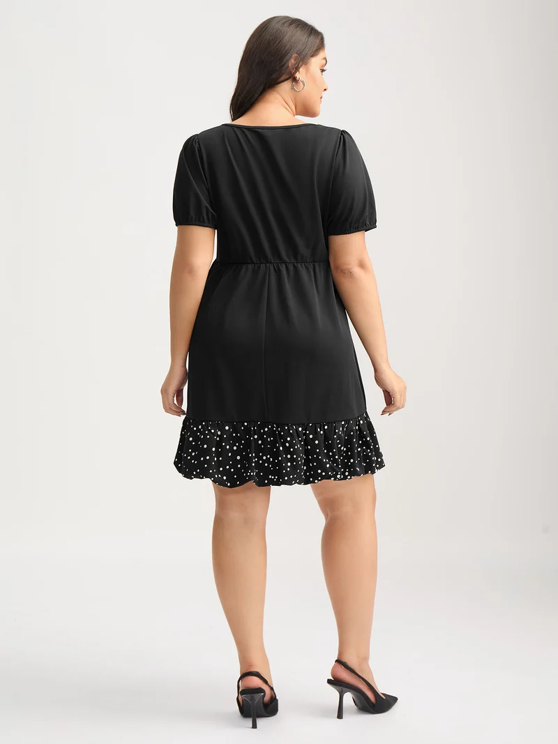 Stretchy Bubble Hem Polka Dots Midi Dress