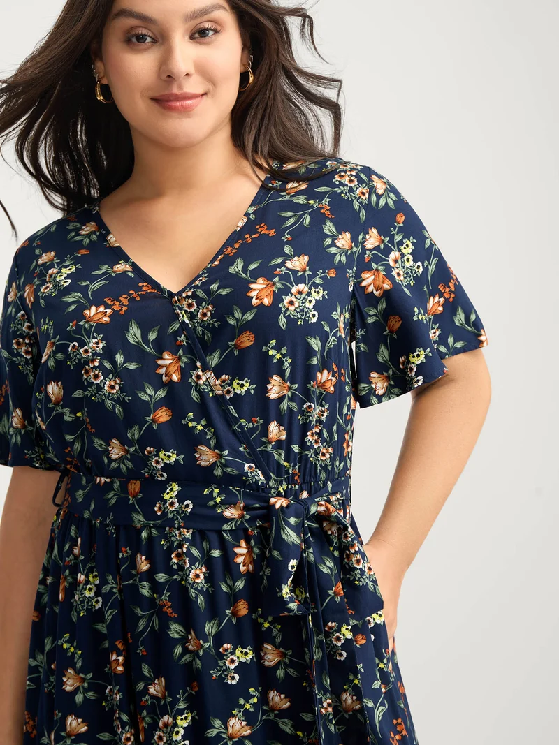 Rayon Floral Side-Tie Stretchy Midi Dress